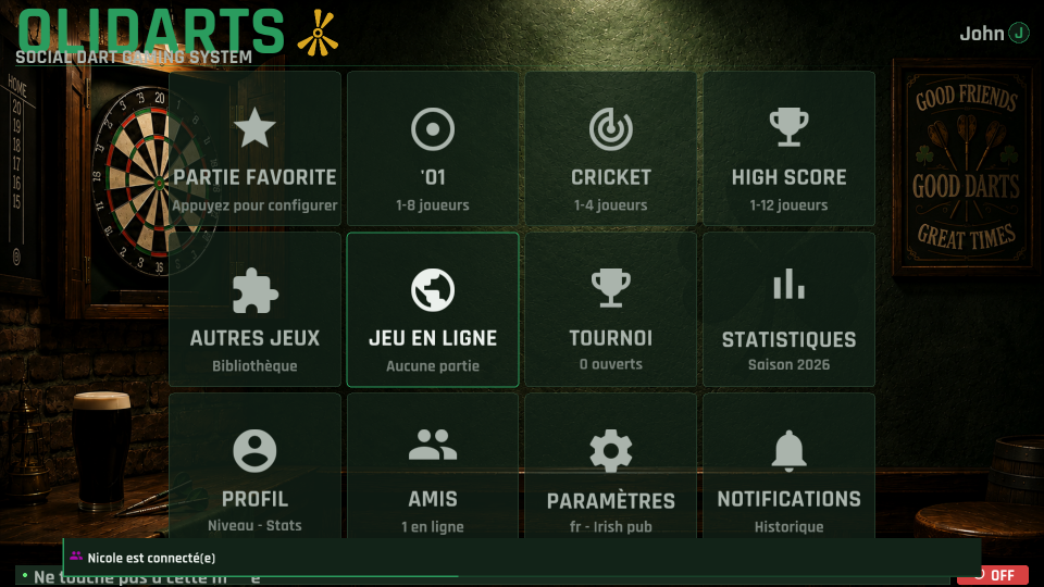 Menu principal de la borne au thème Irish pub, avec la notification « Nicole est connecté(e) » après un badge