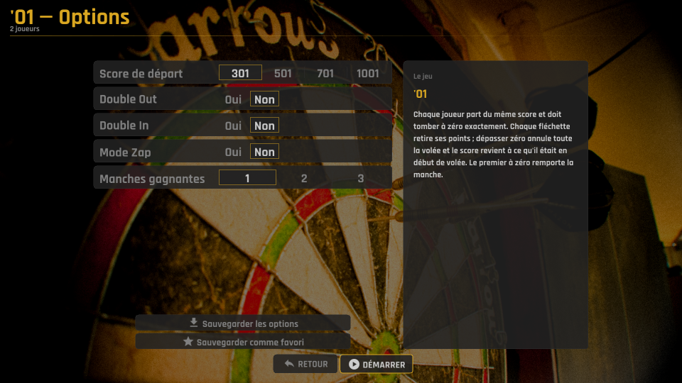 Écran des options de x01 : score de départ, double out, double in, mode Zap, manches gagnantes, avec la règle du jeu affichée à droite