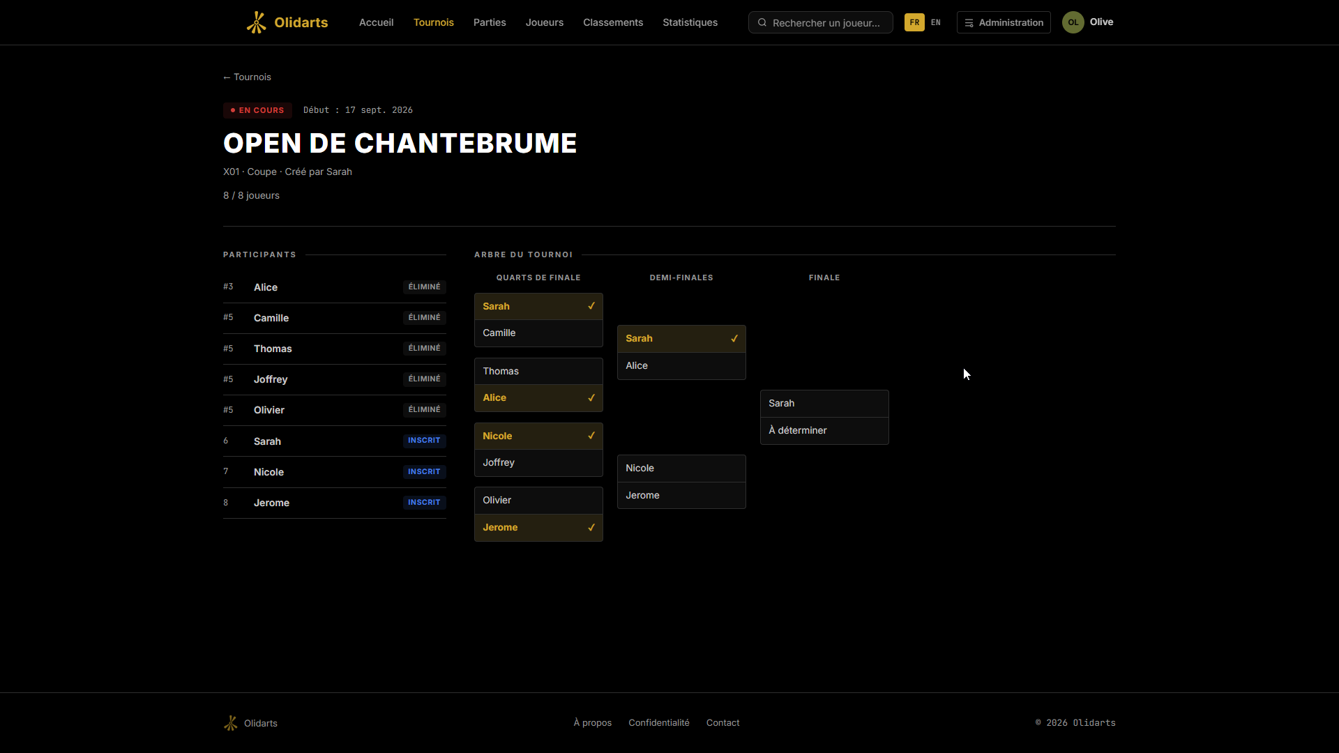 Tournoi « Open de Chantebrume » sur app.olidarts.fr : participants et arbre des quarts de finale à la finale