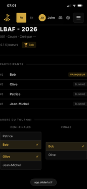 Tournoi sur app.olidarts.fr : participants, vainqueur et arbre des demi-finales et de la finale